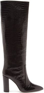 Knee-high Crocodile-effect Leather Boots - Womens - Black