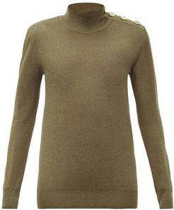 Button-shoulder Wool-blend Sweater - Womens - Khaki