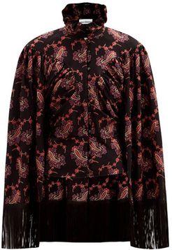 Cape-back Fringed Paisley-embroidered Twill Top - Womens - Black Print