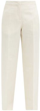 Flared High-rise Linen-blend Canvas Trousers - Womens - Cream