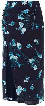 Edmund Side-slit Floral-print Silk Skirt - Womens - Blue Multi