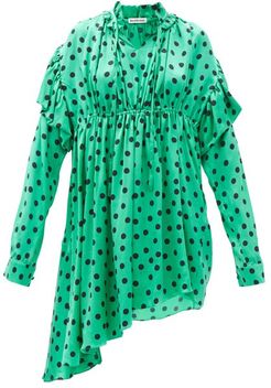 Polka-dot Gathered Silk-satin Dipped-hem Dress - Womens - Green Print