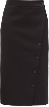 Buttoned Wool-gabardine Wrap Skirt - Womens - Black