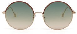 Leather-trimmed Round Metal Sunglasses - Womens - Green Multi