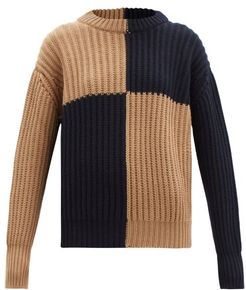 Block-colour Ribbed Wool Sweater - Womens - Beige Navy