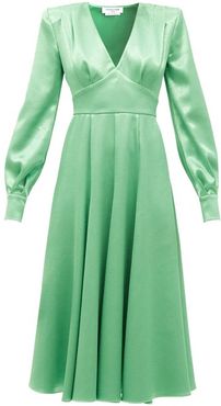 Padded-shoulder Satin Midi Dress - Womens - Green