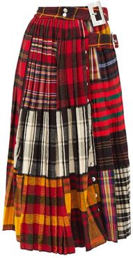 Asymmetric Pleated Tartan-wool Midi Skirt - Womens - Red Multi