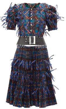 Bow-trim Pleated Upcycled Tartan-organza Dress - Womens - Black Multi