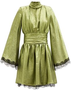 Wide-sleeve Lace-trimmed Silk-blend Lamé Dress - Womens - Green