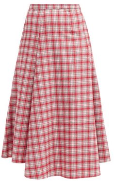 High-waist Checked Wool Midi Skirt - Womens - Red Multi
