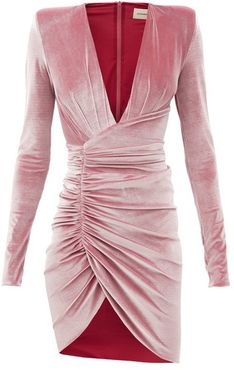 Plunge-neck Ruched Velvet Mini Dress - Womens - Pink