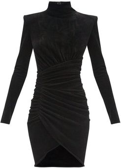 High-neck Draped Velvet Mini Dress - Womens - Black