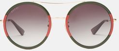 Web Stripe Round Acetate And Metal Sunglasses - Womens - Green Gold