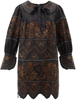 Mirela Peter Pan Collar Embroidered Linen Dress - Womens - Black Brown