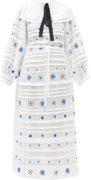 Constellation Embroidered Linen Midi Dress - Womens - Blue White