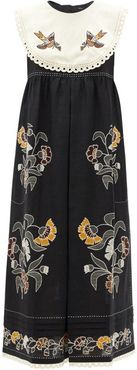 Heavenly Swallows Embroidered Linen Midi Dress - Womens - Black Multi
