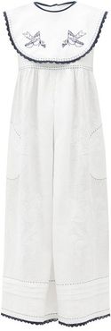 Heavenly Swallows Embroidered Linen Dress - Womens - White Navy