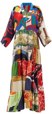 Vintage V-neck Patchwork Silk Dress - Womens - Multi