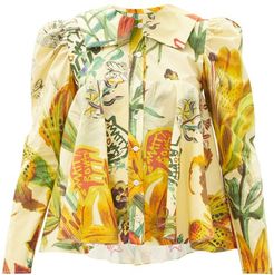Dolly Floral And Logo-print Cotton-poplin Blouse - Womens - Yellow Multi