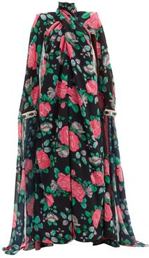 Rose Cape-sleeve Floral-print Chiffon Gown - Womens - Black Multi