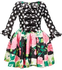 Sequinned Polka Dot And Rose-print Dress - Womens - Black Print