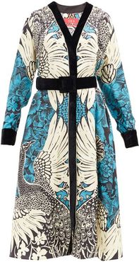 Clizio Peacock-print Silk-twill Midi Dress - Womens - Blue White