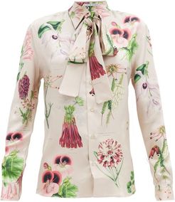 Annotated Floral-print Silk-twill Shirt - Womens - Pink Multi