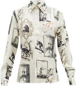 Monkey And Floral-print Silk-twill Shirt - Womens - Ivory Multi