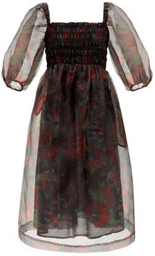 Floral-print Puff-sleeve Shirred Organza Dress - Womens - Black Red