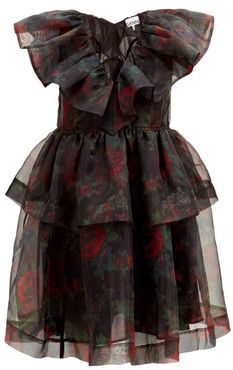 Tiered Rose-print Organza Dress - Womens - Black Red