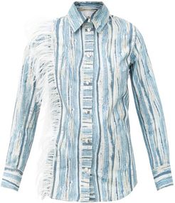 Feather-trimmed Shredded Denim-print Cotton Shirt - Womens - Blue Stripe