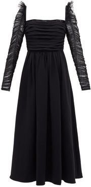 Ruffled Dotted-tulle And Crepe Midi Dress - Womens - Black