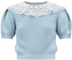 Lace-trimmed Crystal-embellished Sweater - Womens - Light Blue