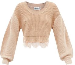 Cropped Lace-trimmed Cotton-blend Sweater - Womens - Camel