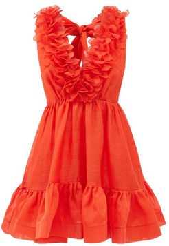 Lovestruck Garland Plunge-neck Linen-blend Dress - Womens - Red