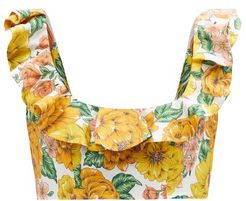 Poppy Floral-print Linen Cropped Top - Womens - Yellow Print