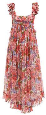 Ruffled Square-neck Poppy-print Silk Dress - Womens - Pink Print