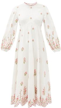 Poppy Floral-embroidered Linen-blend Midi Dress - Womens - White Multi