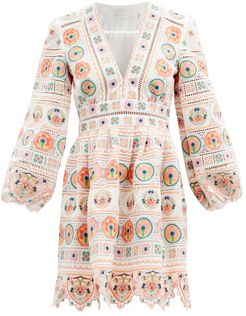 Brighton Broderie-anglaise Cotton Mini Dress - Womens - Orange Print