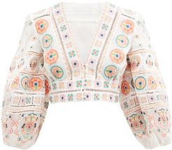 Brighton Embroidered Cotton-poplin Crop Top - Womens - Orange Print