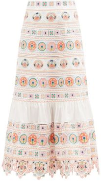 Brighton Floral-embroidered Cotton Midi Skirt - Womens - Orange Print