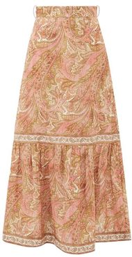 Brighton High-rise Paisley-print Linen Midi Skirt - Womens - Orange Print