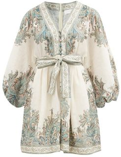 Brighton Paisley-print Linen Mini Dress - Womens - White Print
