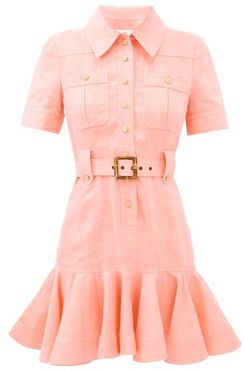 Poppy Belted Linen Mini Shirt Dress - Womens - Pink