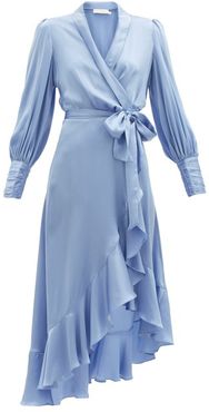 Bishop-sleeve Silk Wrap Midi Dress - Womens - Light Blue