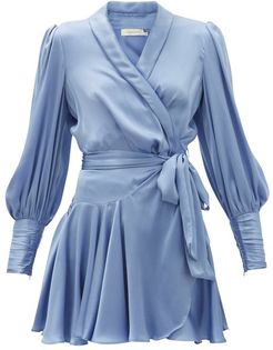 Belted Silk Wrap Mini Dress - Womens - Light Blue