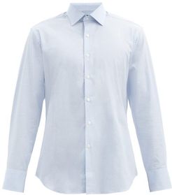 Houndstooth-check Cotton-twill Shirt - Mens - Light Blue