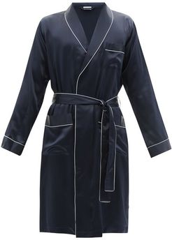 Piped Silk Bathrobe - Mens - Navy