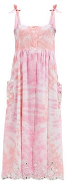 Floral-embroidered Tie-dyed Cotton Midi Dress - Womens - Pink White