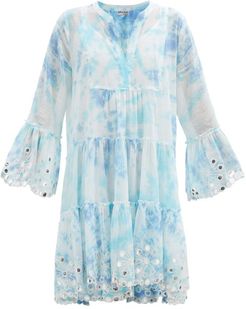 Tie-dye And Embroidered Tiered Cotton Mini Dress - Womens - Blue White